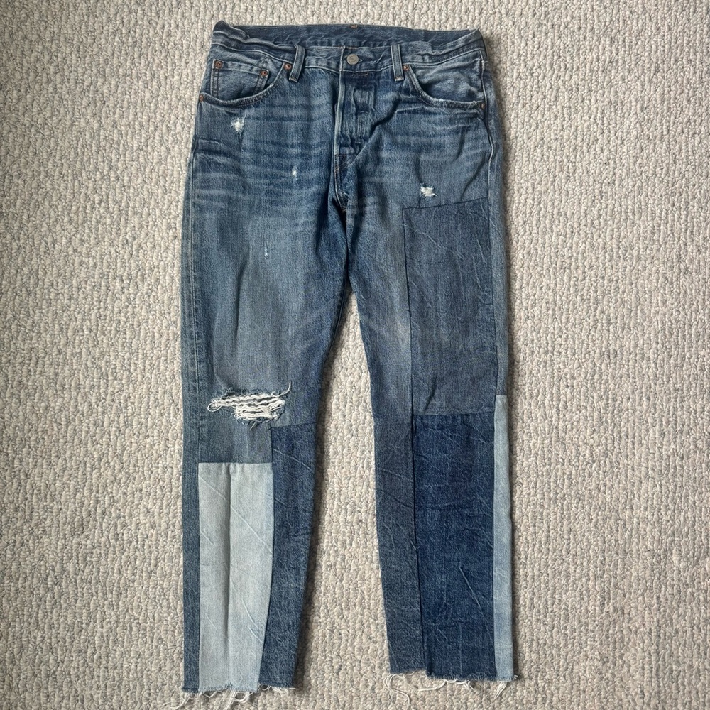 Levi's 501 Straight Leg Button Fly Jeans Patchwork Raw Hem W28 L27 Ragged Lands